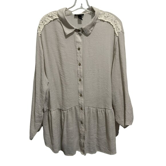 I.N Studio Women 3X Taupe Peplum Blouse Shoulder Lace Cottagecore Babydoll Flowy - Picture 1 of 6